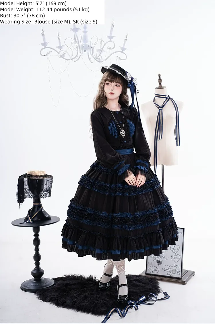 Wings and Bouquet - Dark Classic Lolita Blouse and SK Set, Layered Blue Ruffles - Image 5