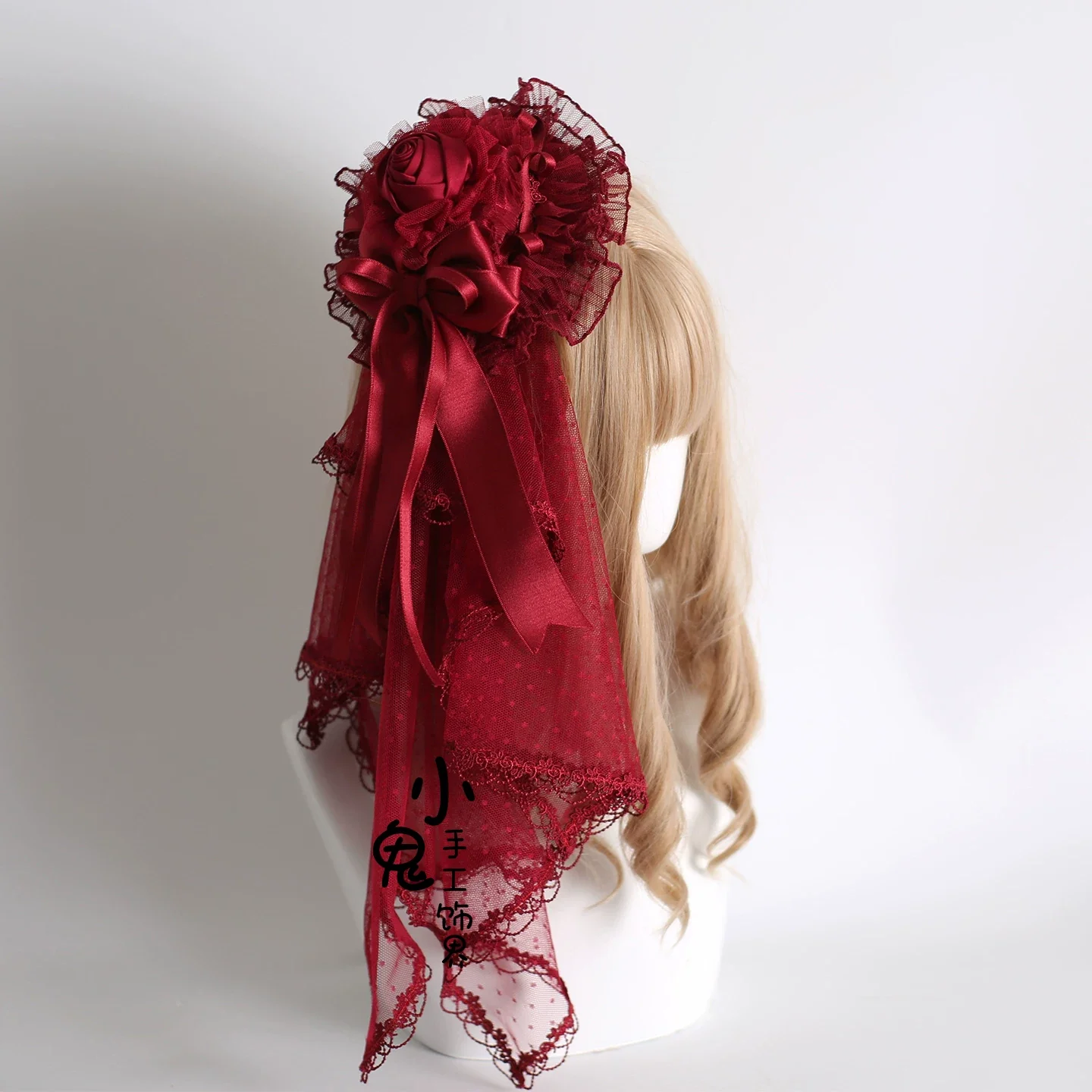 Dark Red Gorgeous Headdress, Floral Veils - Image 10