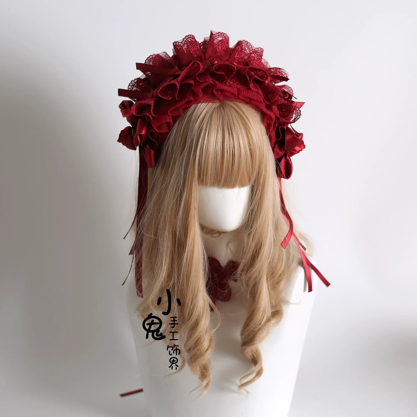 Dark Red Gorgeous Headdress, Floral Veils - Image 8
