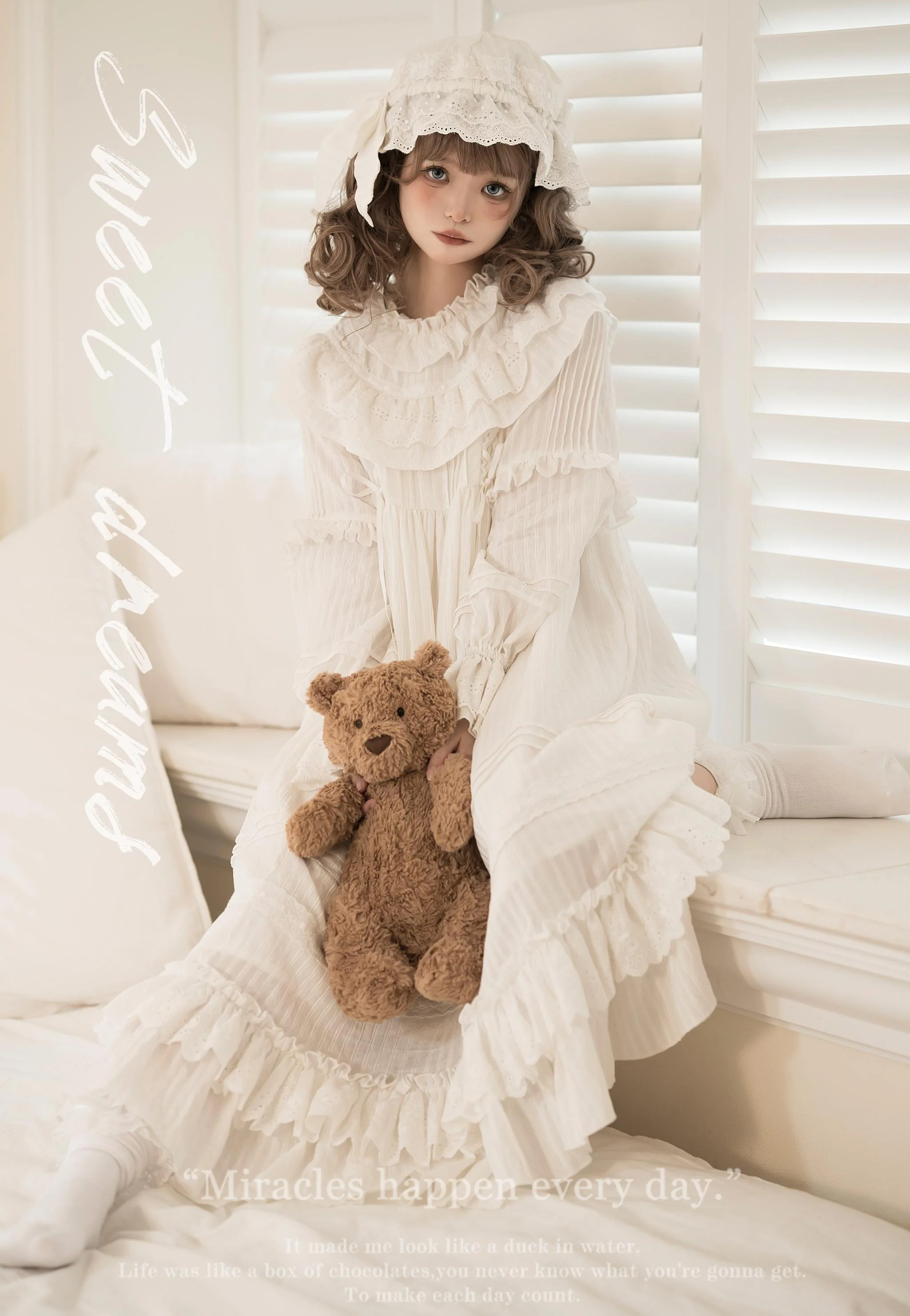 White Goodnight - Doll-like White Long Lolita OP with Ruffles - Image 3