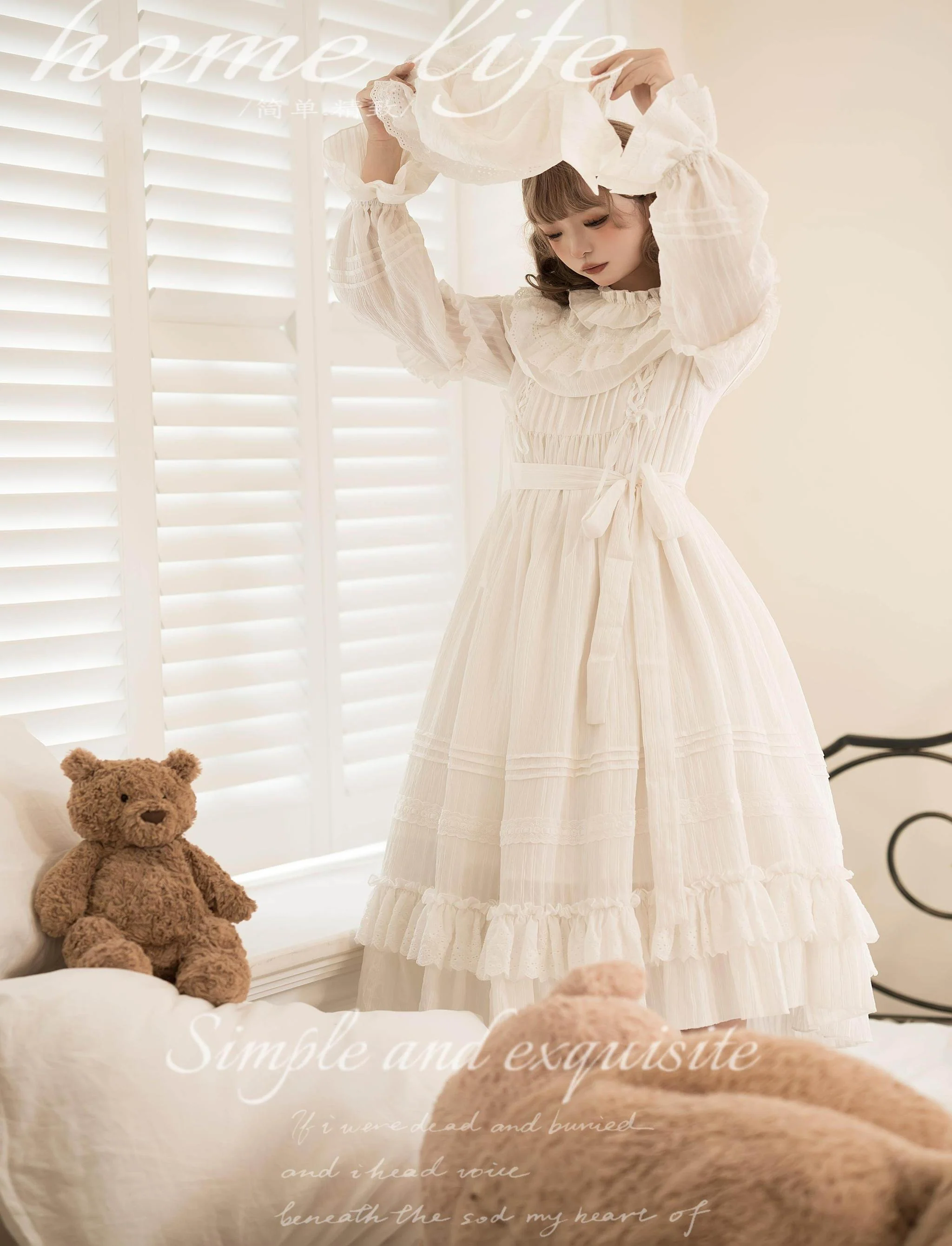 White Goodnight - Doll-like White Long Lolita OP with Ruffles - Image 9