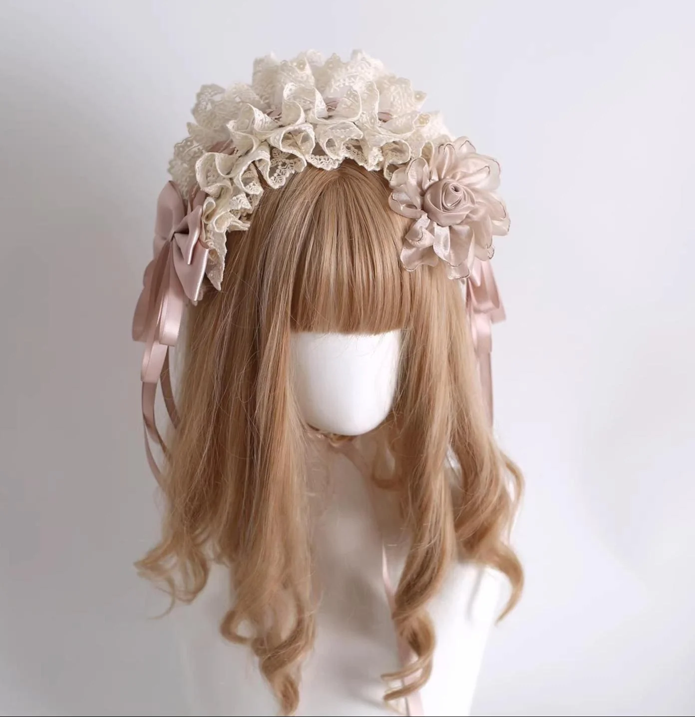 Elegant Champagne Lolita Headdress, Floral & Bows - Image 2