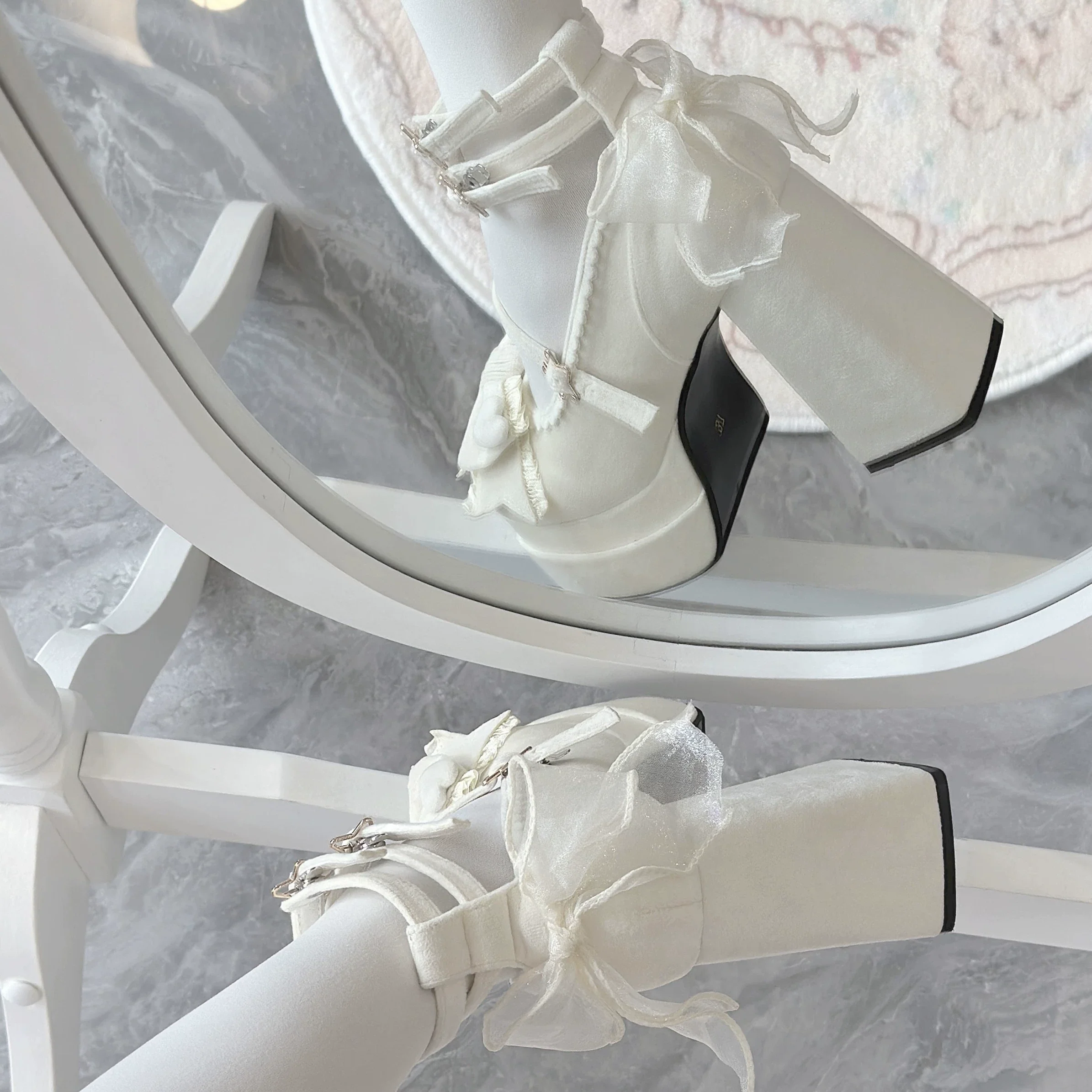 Puff Party - Elegant Lolita Chunky Heel Shoes, Bow & Straps - Image 15