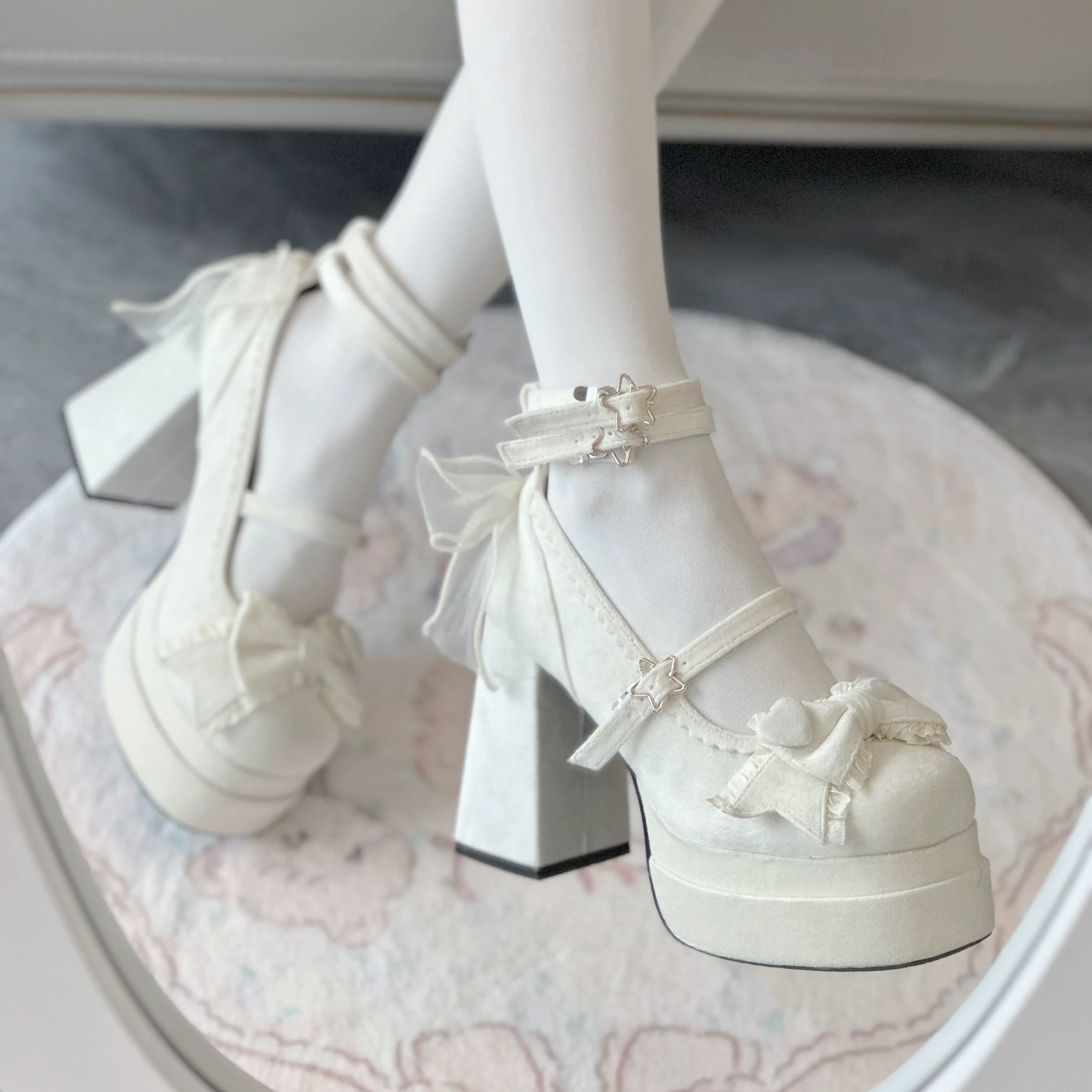 Puff Party - Elegant Lolita Chunky Heel Shoes, Bow & Straps - Image 7