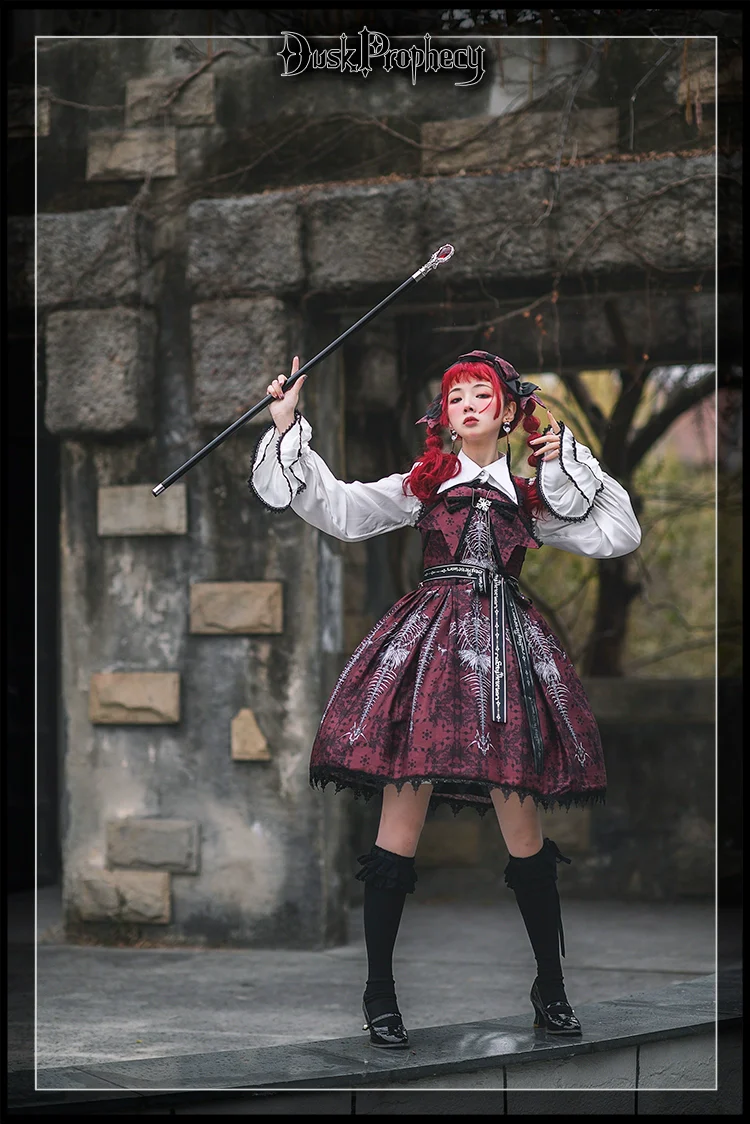 DuskProphecy - Coccyx - Elegant Lolita Dress High Waist Fishbone Print JSK Set - Image 3