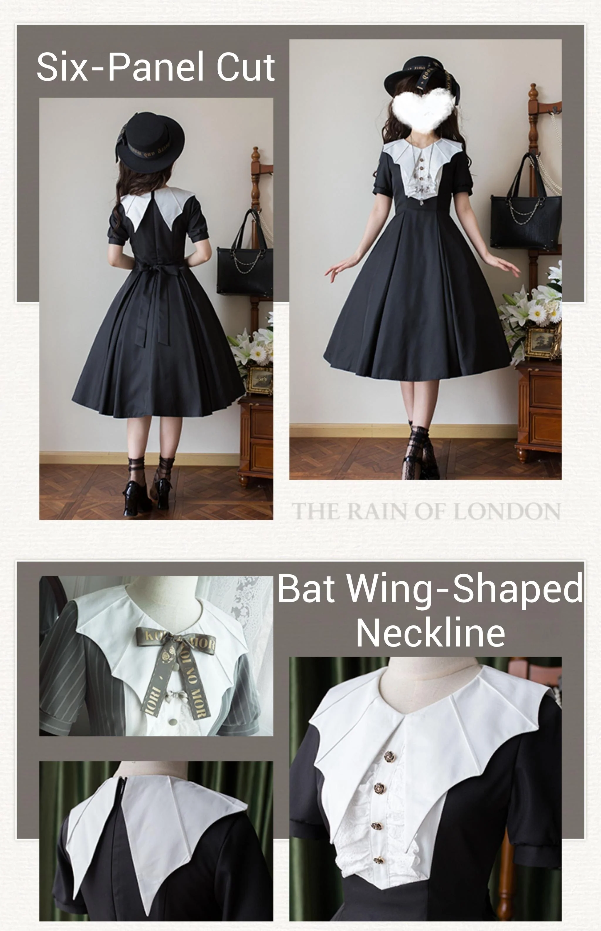 The Rain of London - Elegant Lolita OP Dress, Bat Wing-Shaped Neckline - Image 15