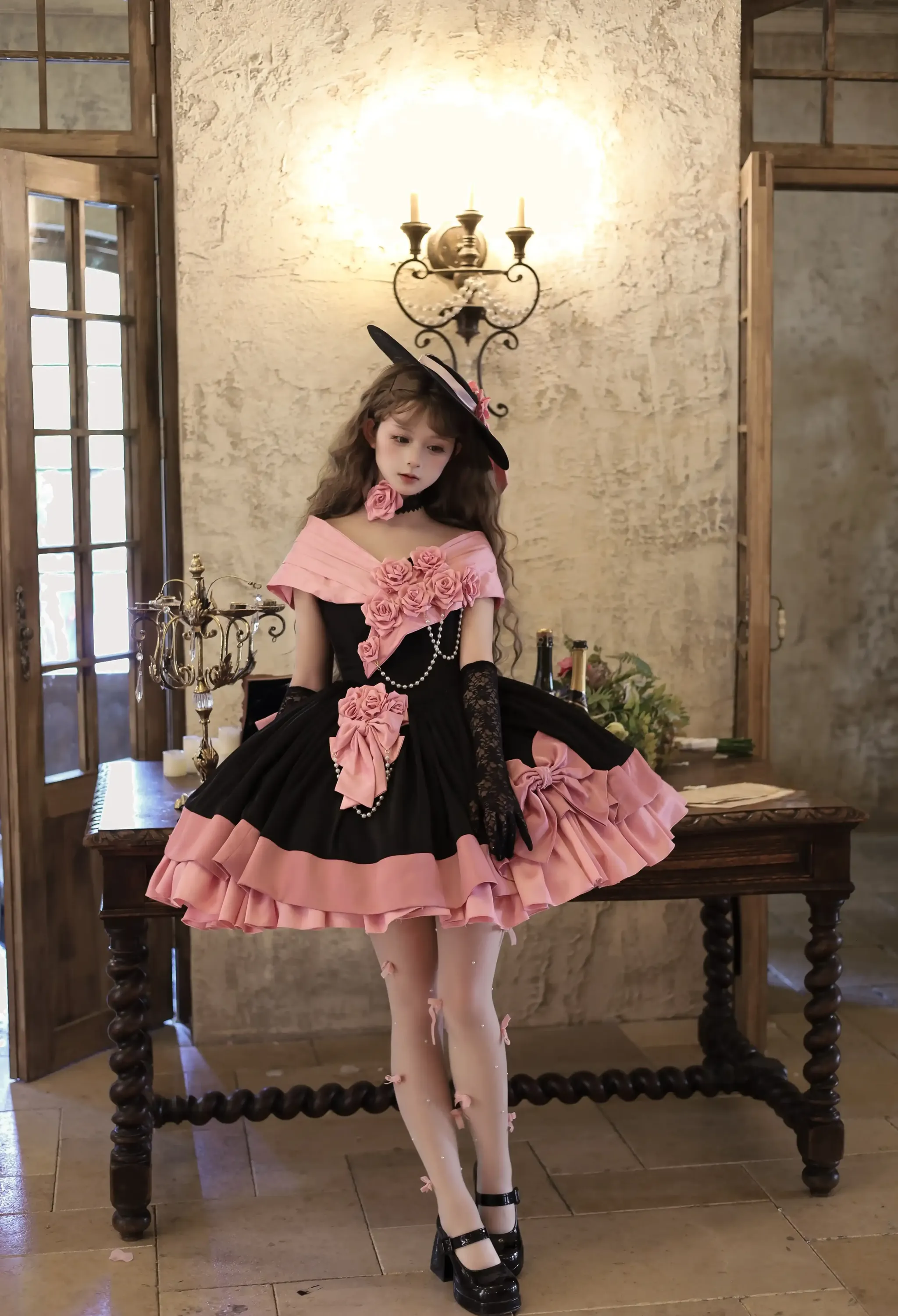 Casket Rose - Elegant Lolita Satin Corset Dress with 3D Pink Roses - Image 6