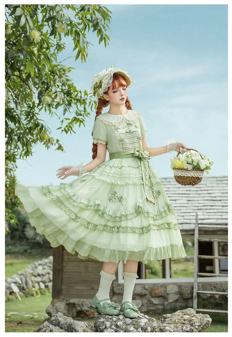 Green Grape - Embroidered Country Lolita OP Dress, Tiered JSK - Image 14