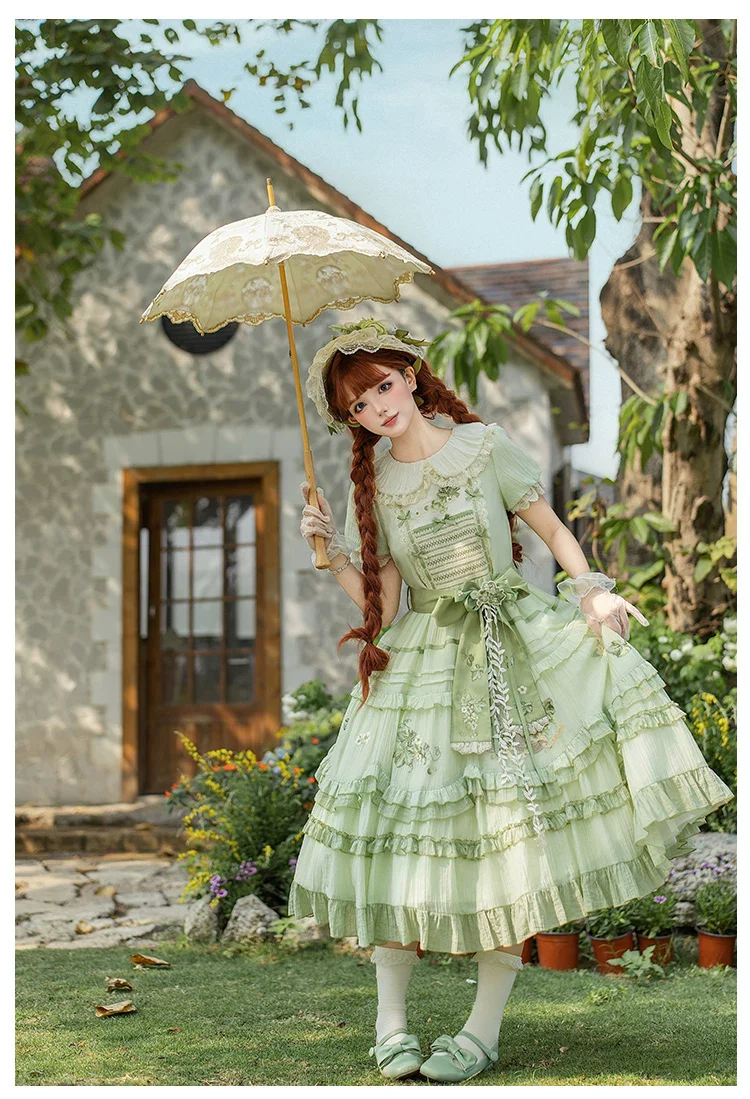 Green Grape - Embroidered Country Lolita OP Dress, Tiered JSK - Image 16