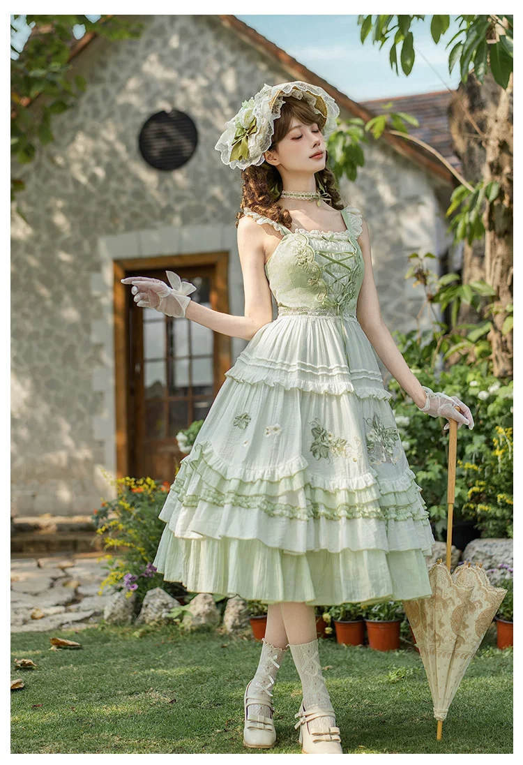 Green Grape - Embroidered Country Lolita OP Dress, Tiered JSK - Image 18