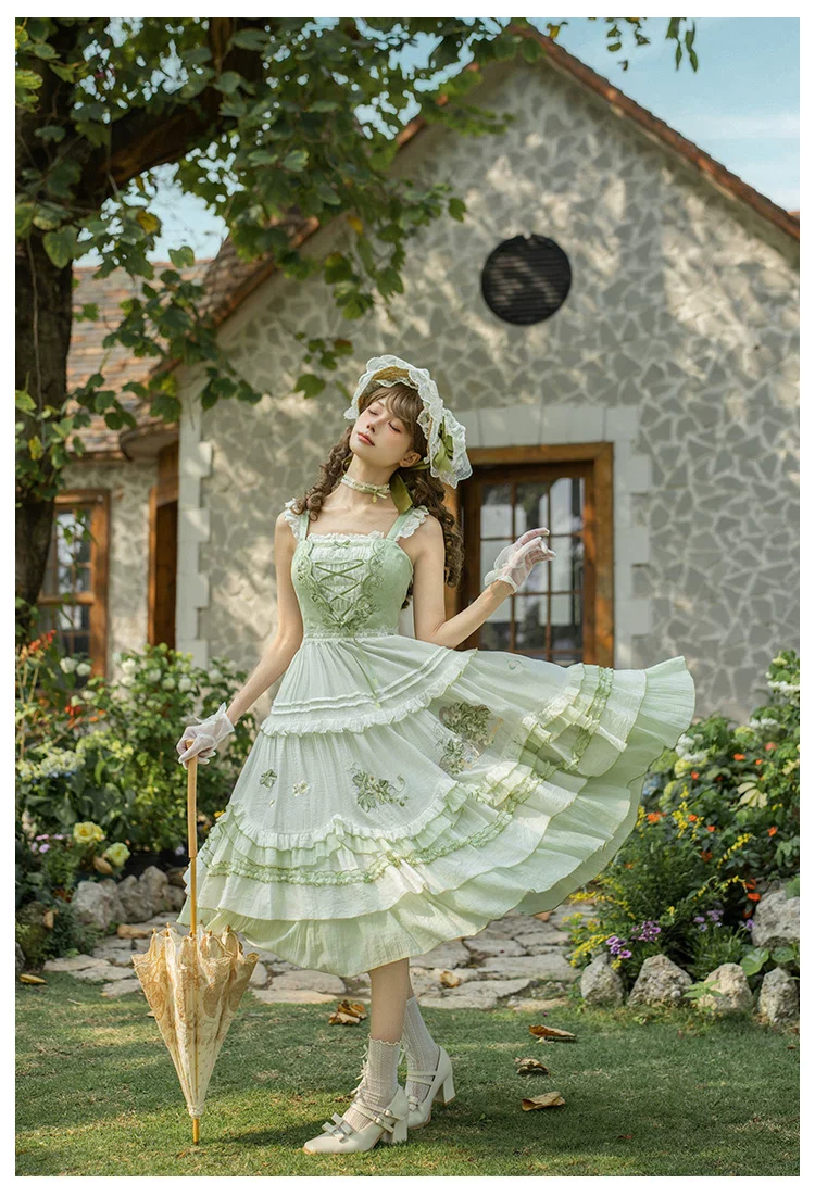 Green Grape - Embroidered Country Lolita OP Dress, Tiered JSK - Image 19