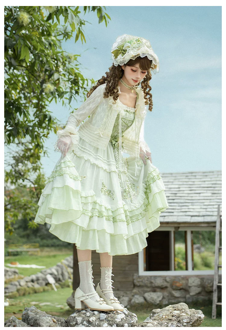 Green Grape - Embroidered Country Lolita OP Dress, Tiered JSK - Image 20