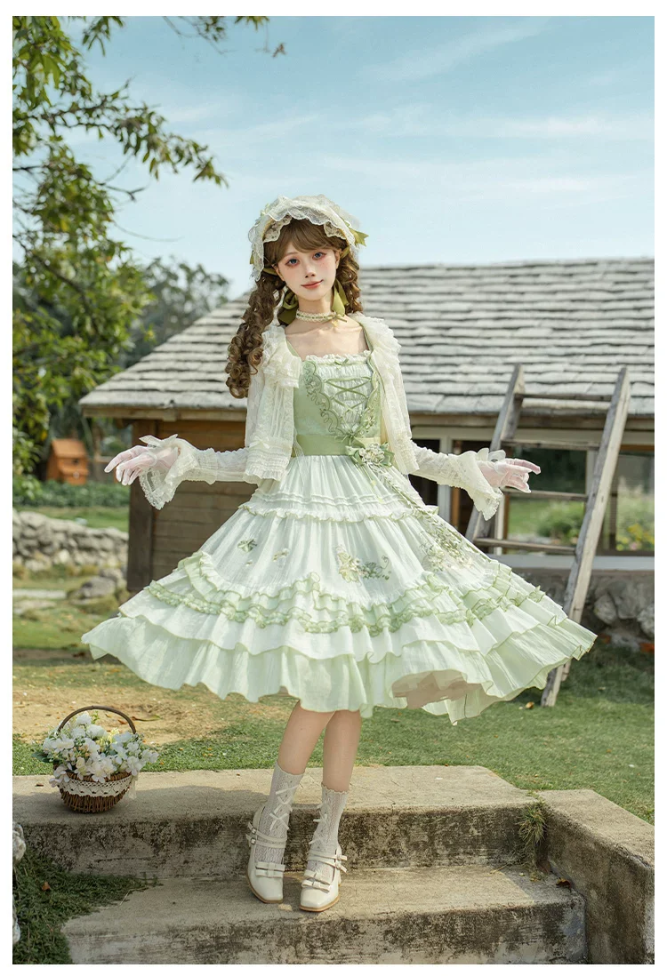 Green Grape - Embroidered Country Lolita OP Dress, Tiered JSK - Image 21