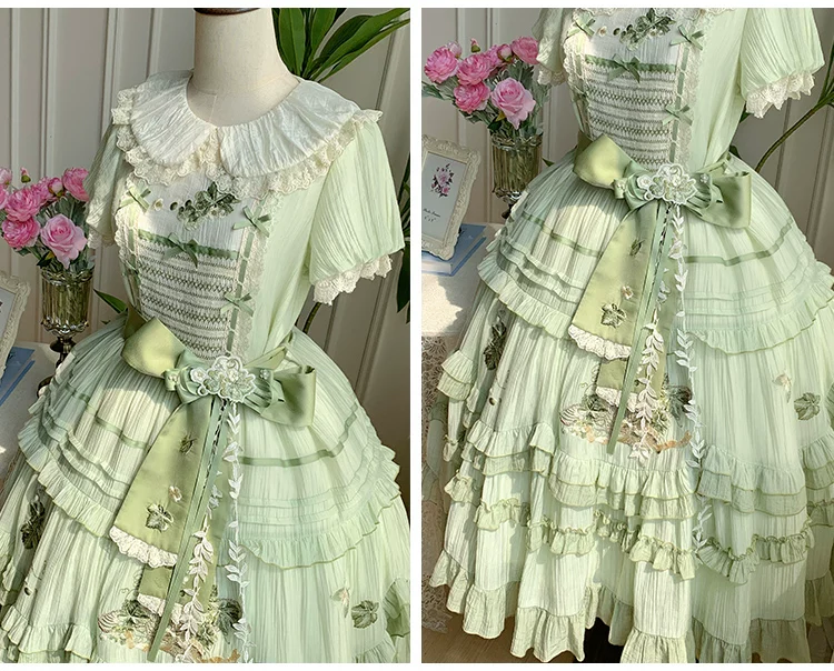 Green Grape - Embroidered Country Lolita OP Dress, Tiered JSK - Image 22