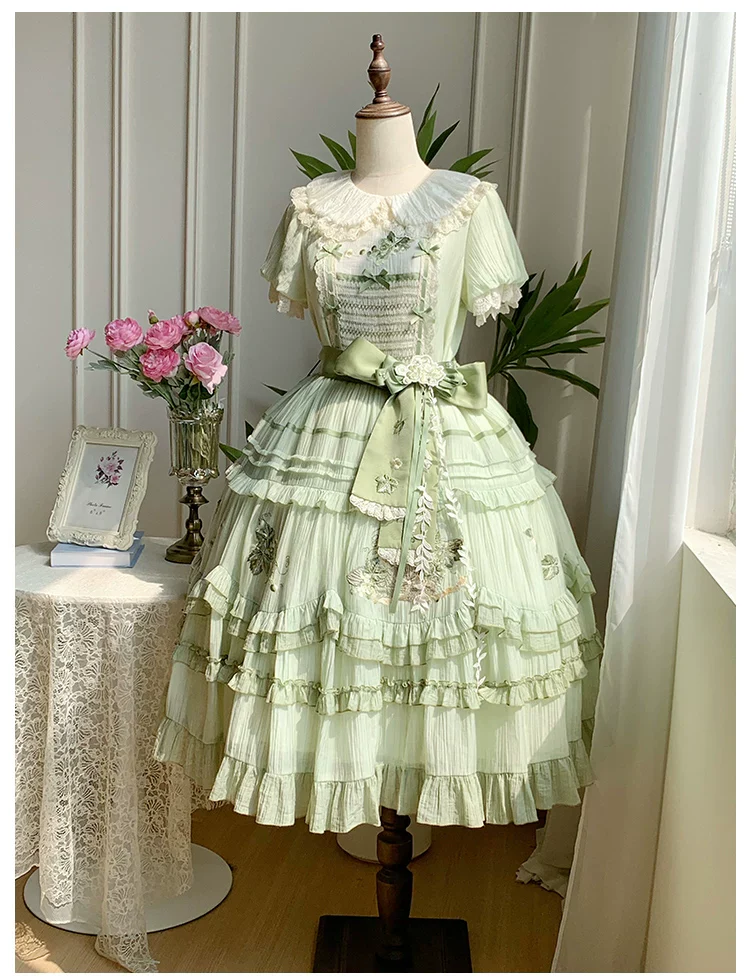 Green Grape - Embroidered Country Lolita OP Dress, Tiered JSK - Image 23