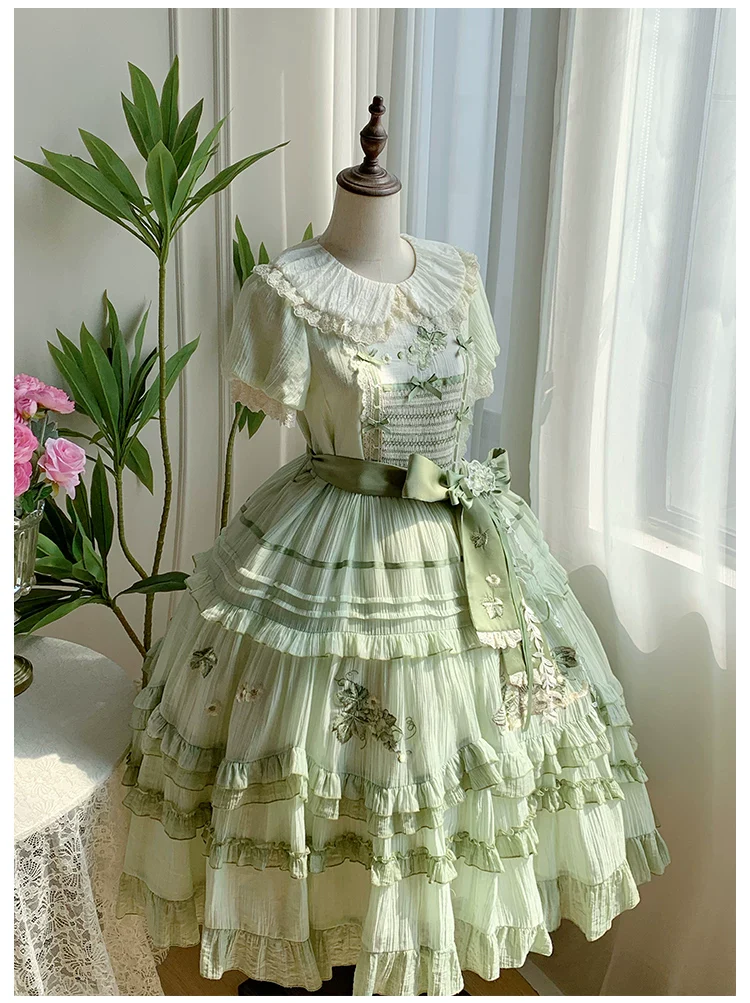 Green Grape - Embroidered Country Lolita OP Dress, Tiered JSK - Image 24