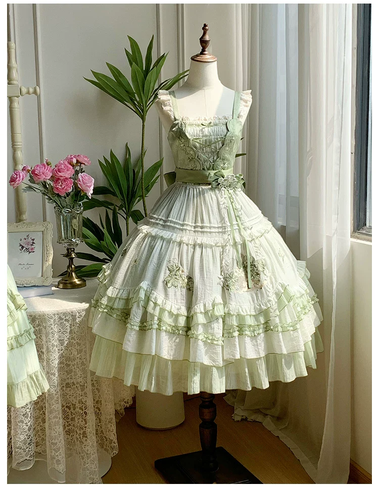 Green Grape - Embroidered Country Lolita OP Dress, Tiered JSK - Image 25