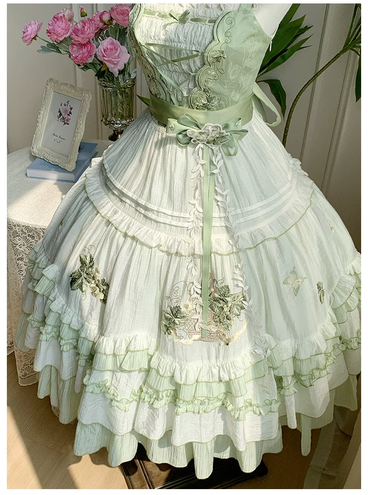 Green Grape - Embroidered Country Lolita OP Dress, Tiered JSK - Image 26