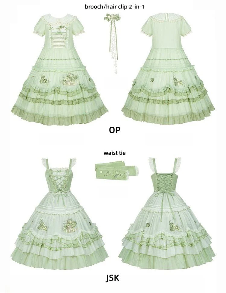 Green Grape - Embroidered Country Lolita OP Dress, Tiered JSK - Image 28