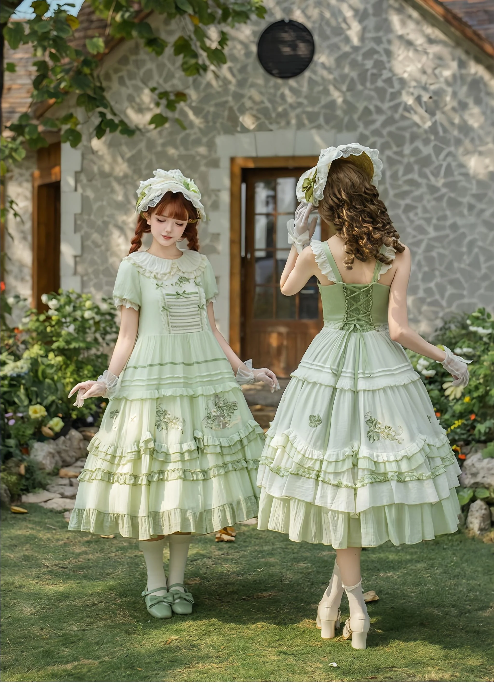 Green Grape - Embroidered Country Lolita OP Dress, Tiered JSK - Image 4