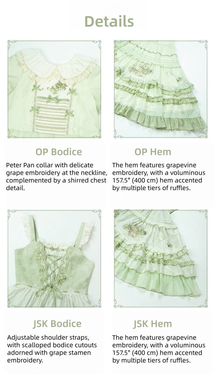 Green Grape - Embroidered Country Lolita OP Dress, Tiered JSK - Image 7