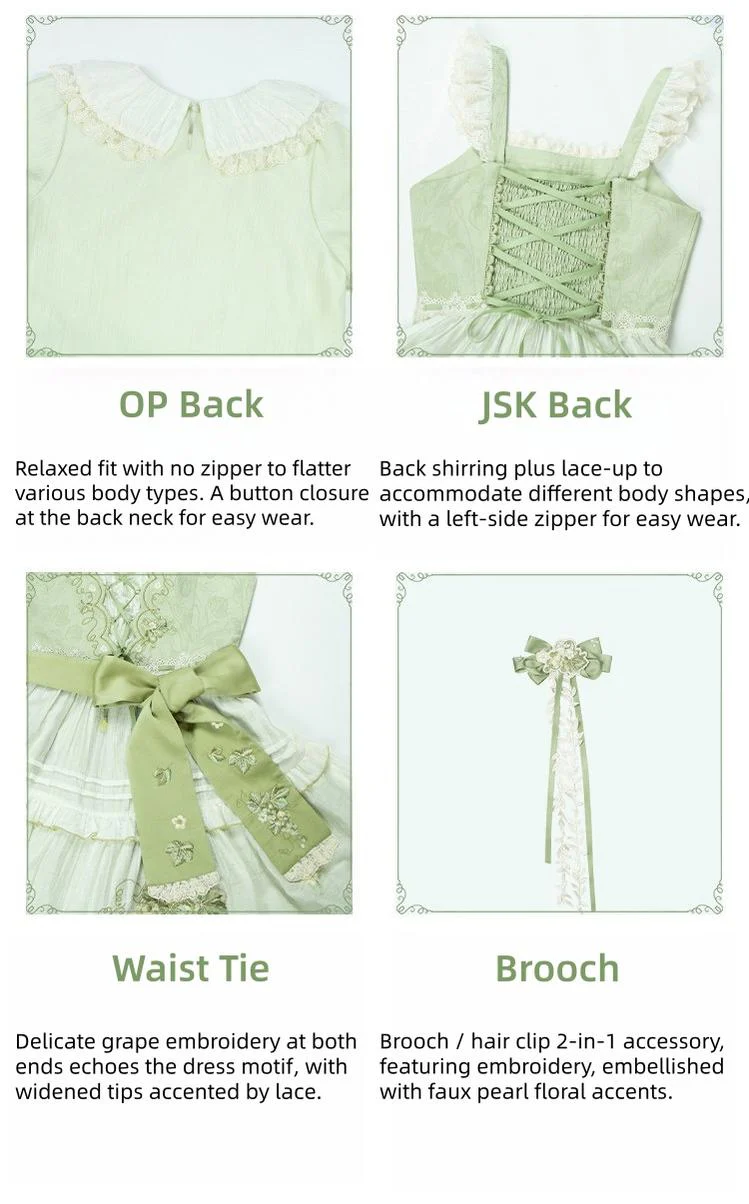 Green Grape - Embroidered Country Lolita OP Dress, Tiered JSK - Image 8