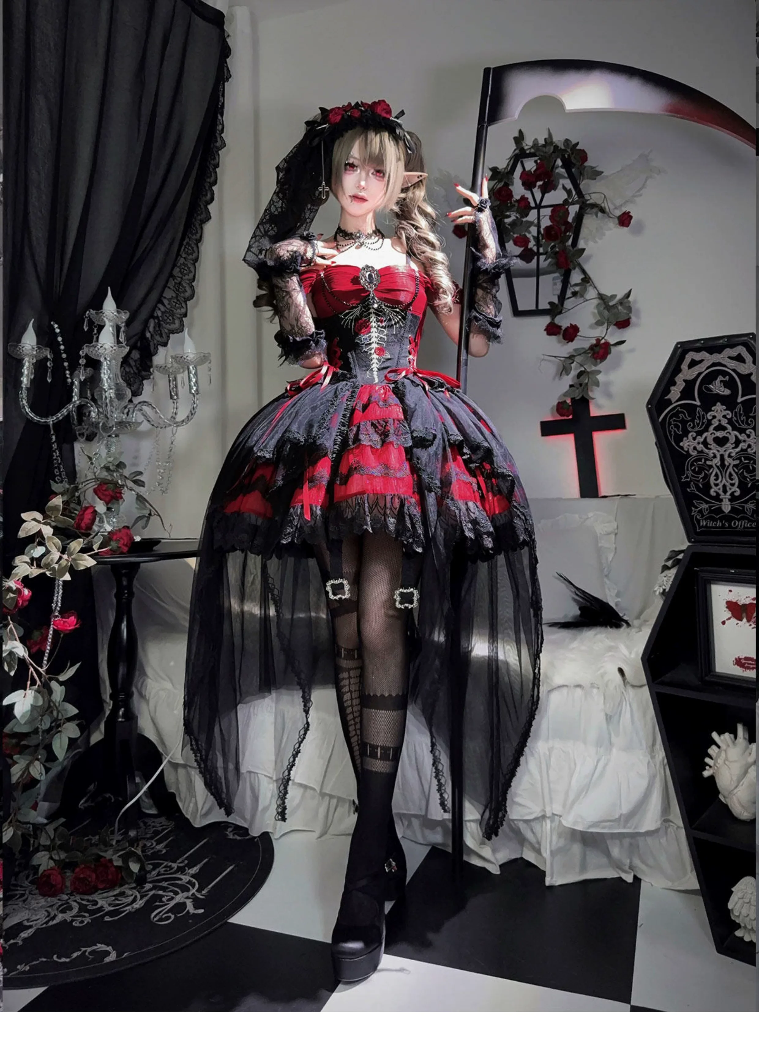 Eternal Thorn of the Dragonbone - Embroidered Gothic Lolita JSK Dress, Off-Shoulder - Image 3