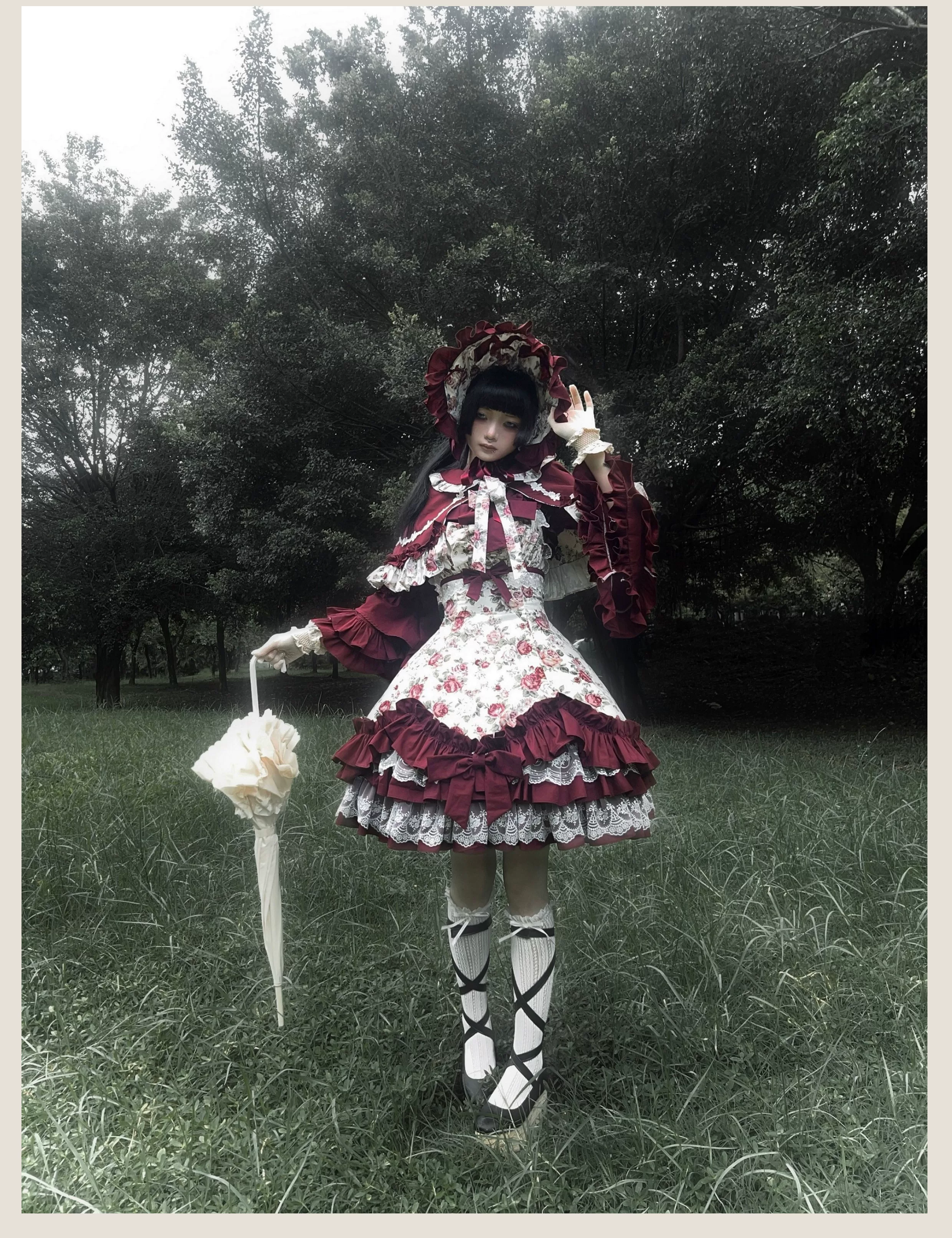 Burgundy Rose - Floral Printed Old School Lolita JSK, Elegant Cape - Image 10