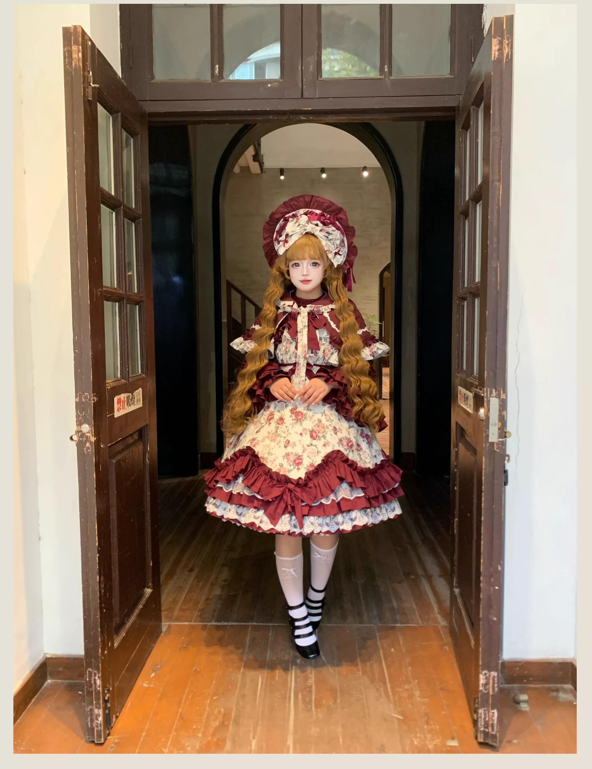 Burgundy Rose - Floral Printed Old School Lolita JSK, Elegant Cape - Image 7
