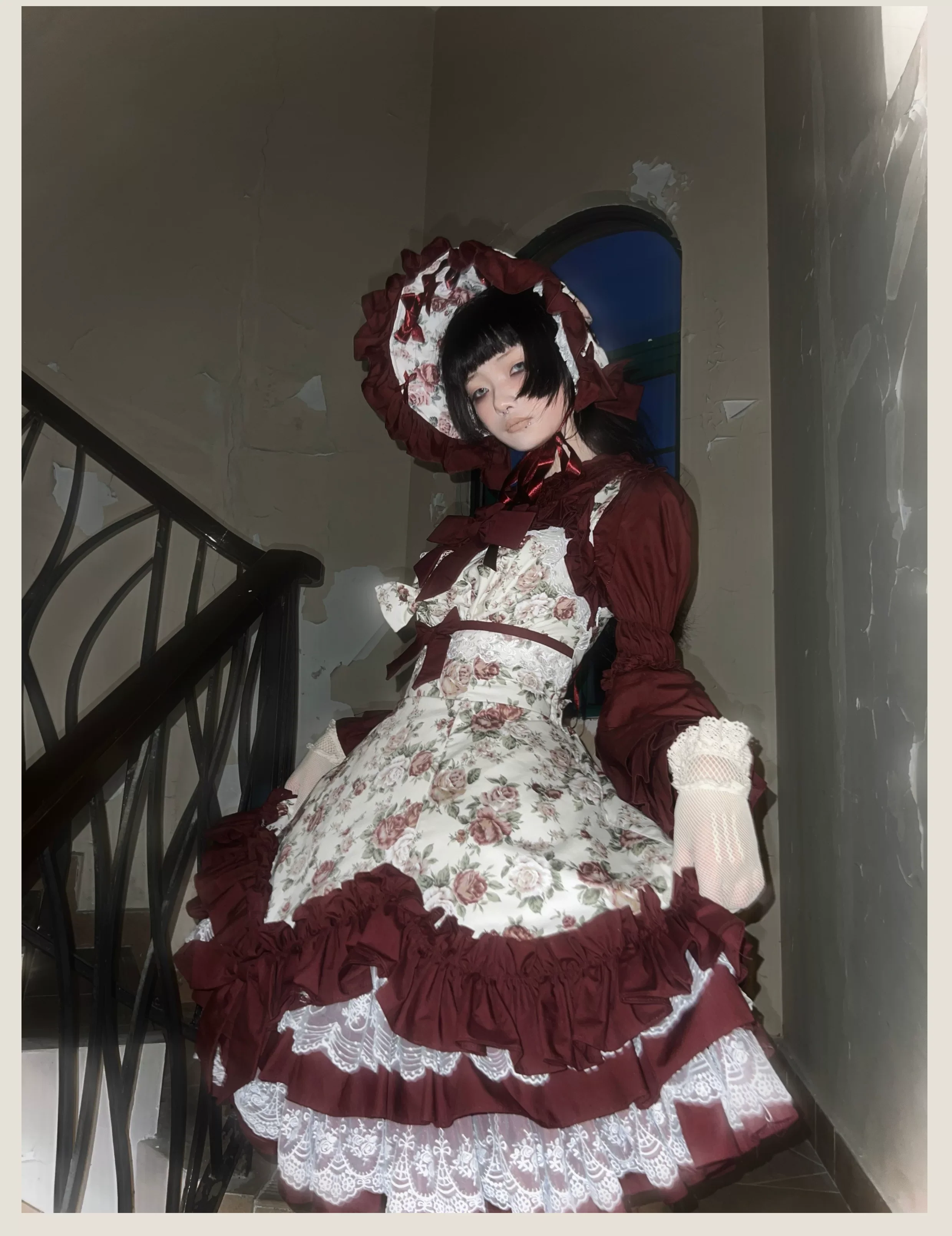 Burgundy Rose - Floral Printed Old School Lolita JSK, Elegant Cape - Image 9
