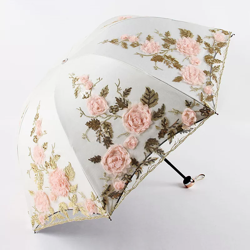 Foldable Lolita Parasol, Floral and Embroidery Detail - Image 4