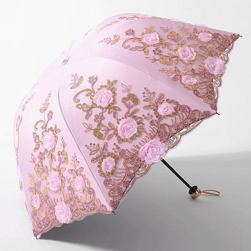Foldable Lolita Parasol, Floral and Embroidery Detail - Image 8