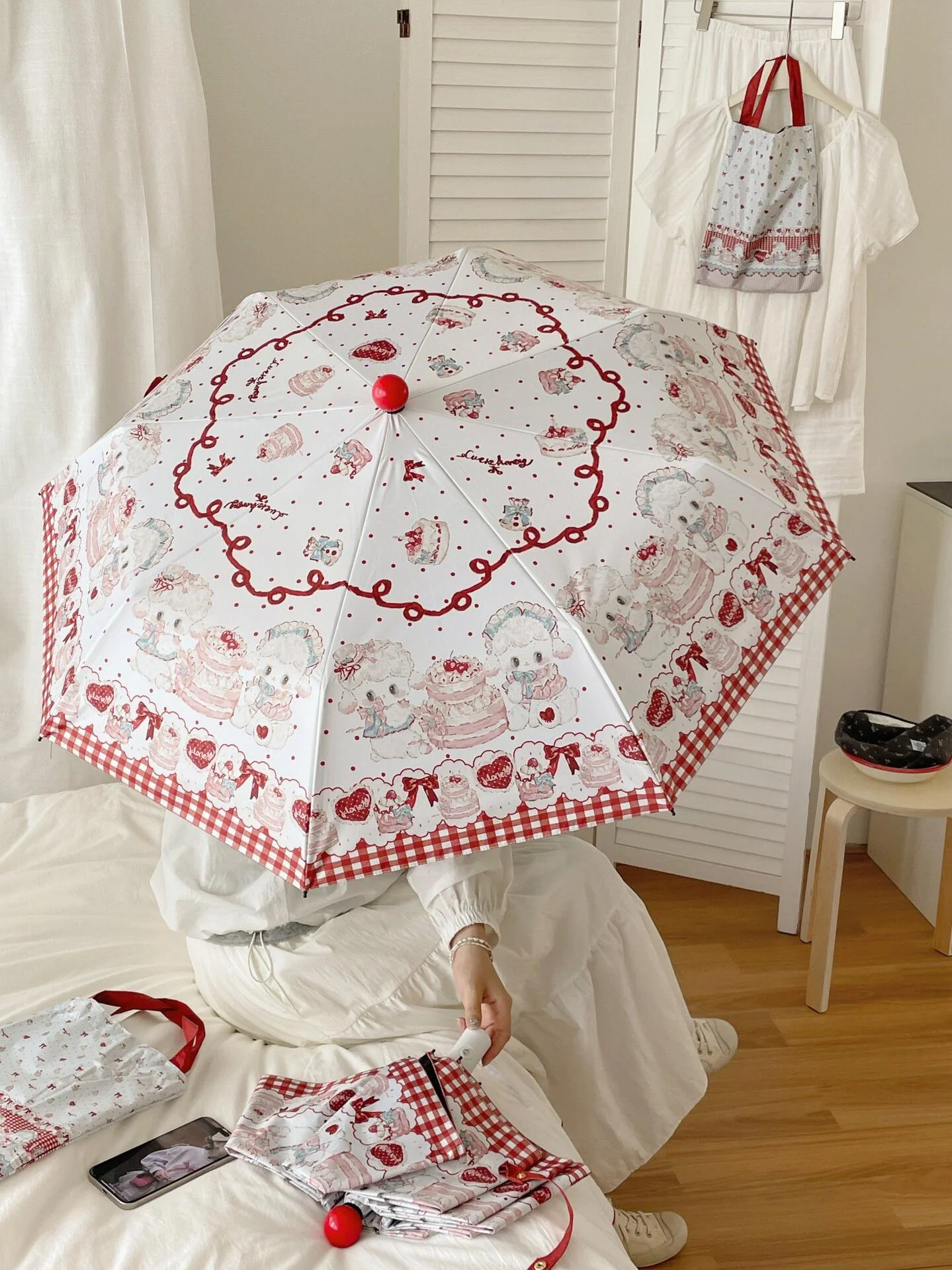 Foldable Printed UPF50+ Lolita Parasol with Black Coating - Image 4