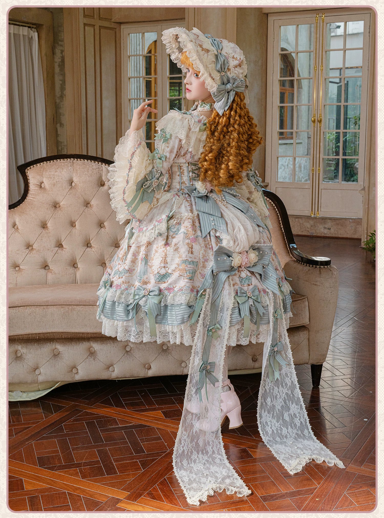 Antique Gem Fragrance - Gorgeous Classic Lolita Dress Set, Floral and Bottle Print - Image 3