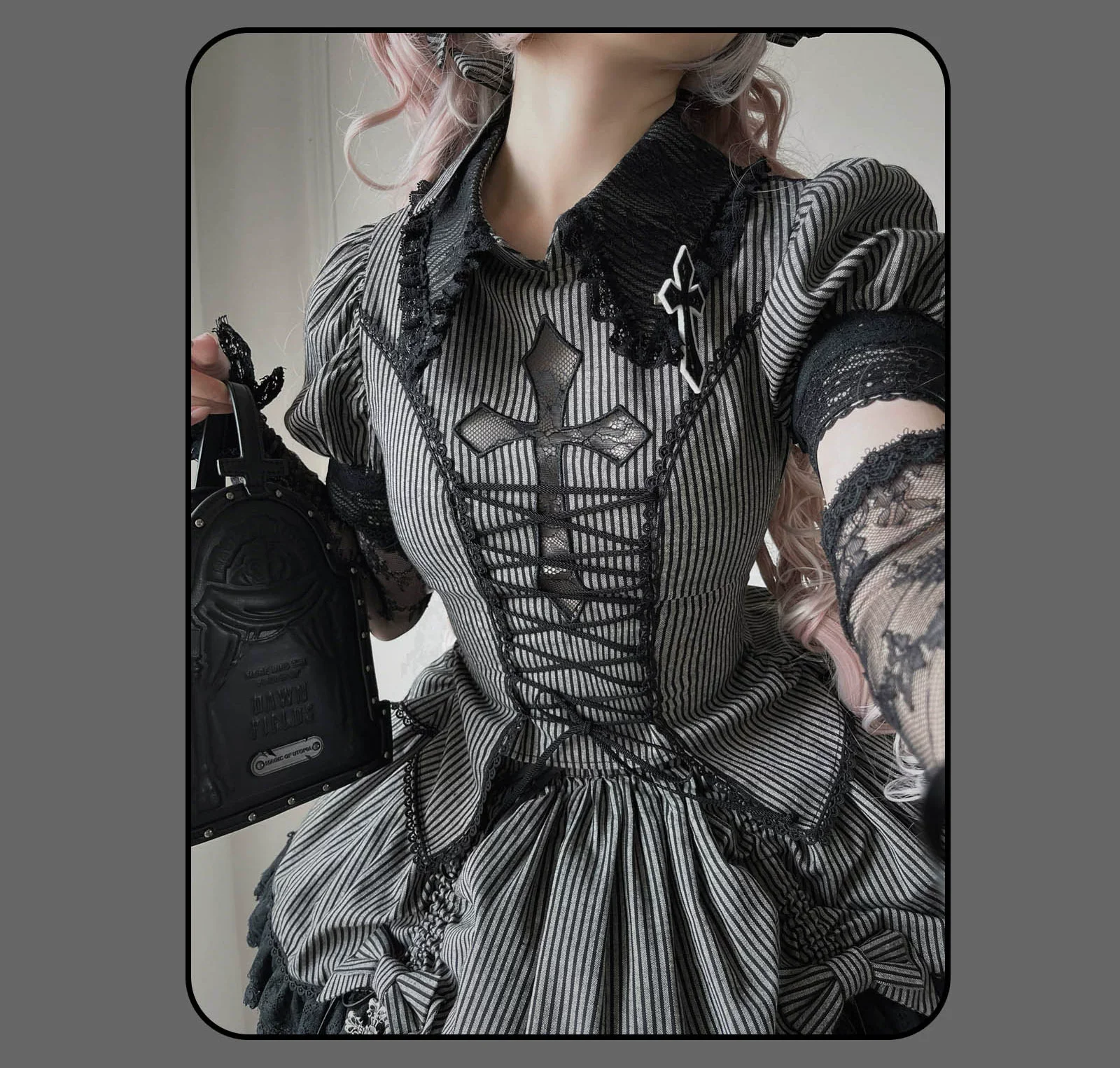 Striped Cross - Gothic Coordinated Lolita Set, Adjustable Blouse & Skirt - Image 14