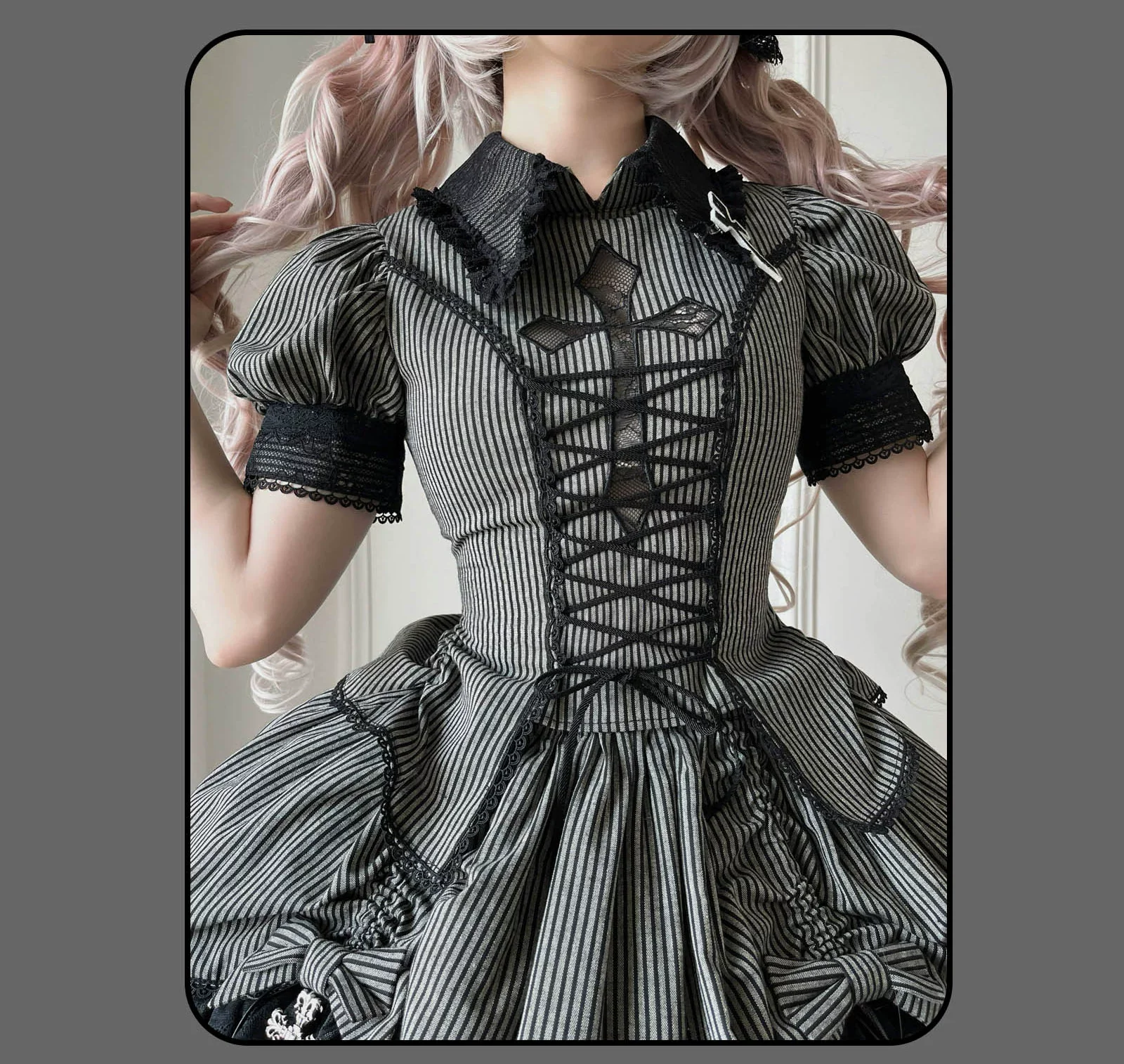 Striped Cross - Gothic Coordinated Lolita Set, Adjustable Blouse & Skirt - Image 15