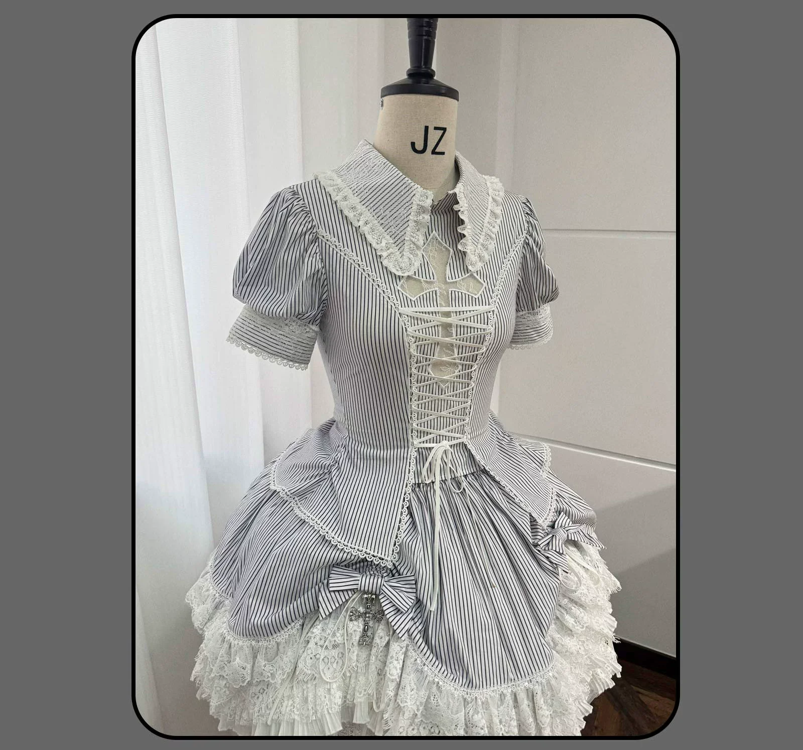 Striped Cross - Gothic Coordinated Lolita Set, Adjustable Blouse & Skirt - Image 18
