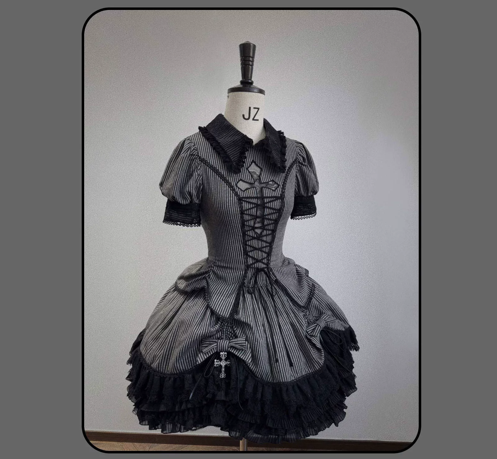 Striped Cross - Gothic Coordinated Lolita Set, Adjustable Blouse & Skirt - Image 20