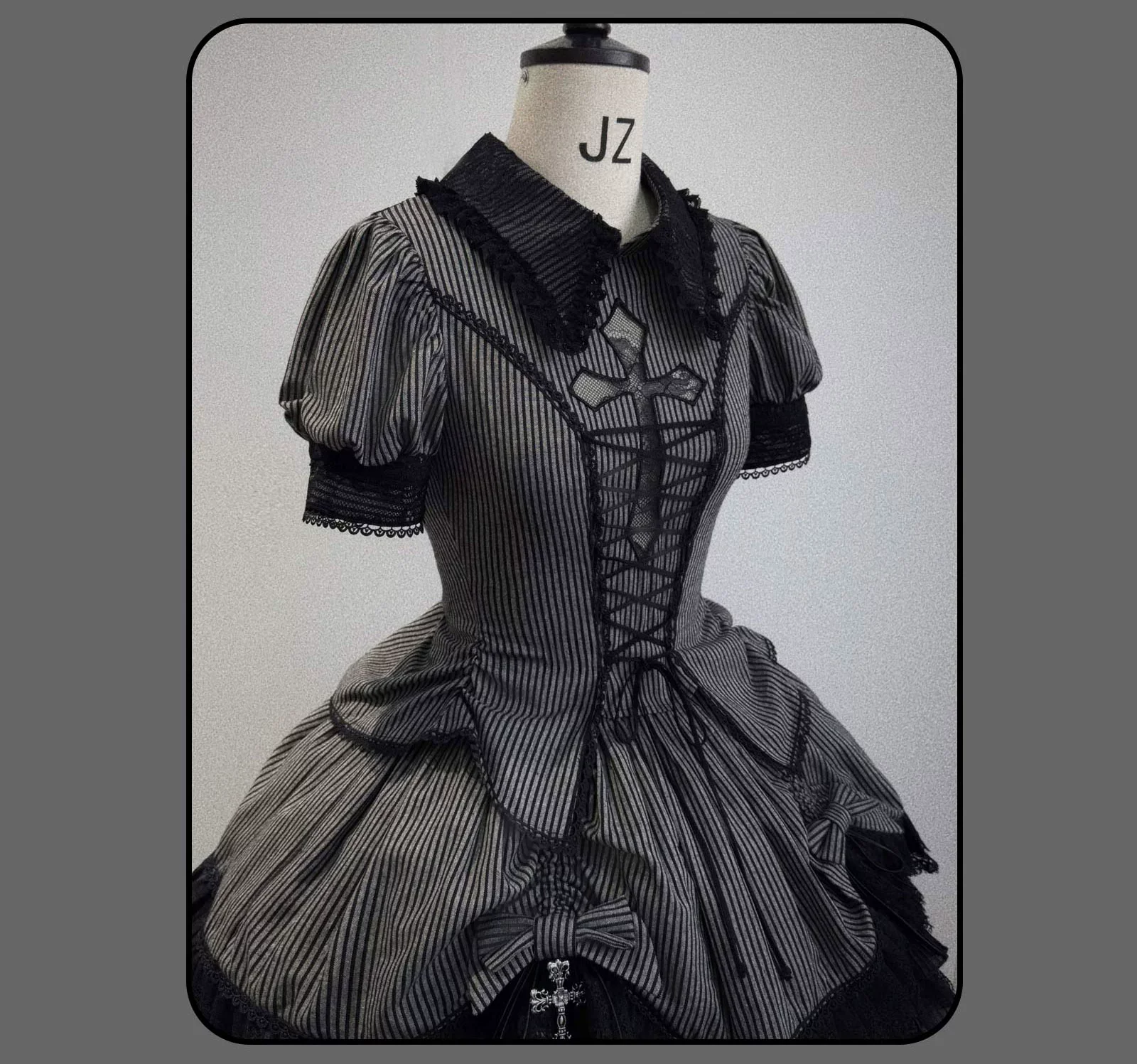 Striped Cross - Gothic Coordinated Lolita Set, Adjustable Blouse & Skirt - Image 23