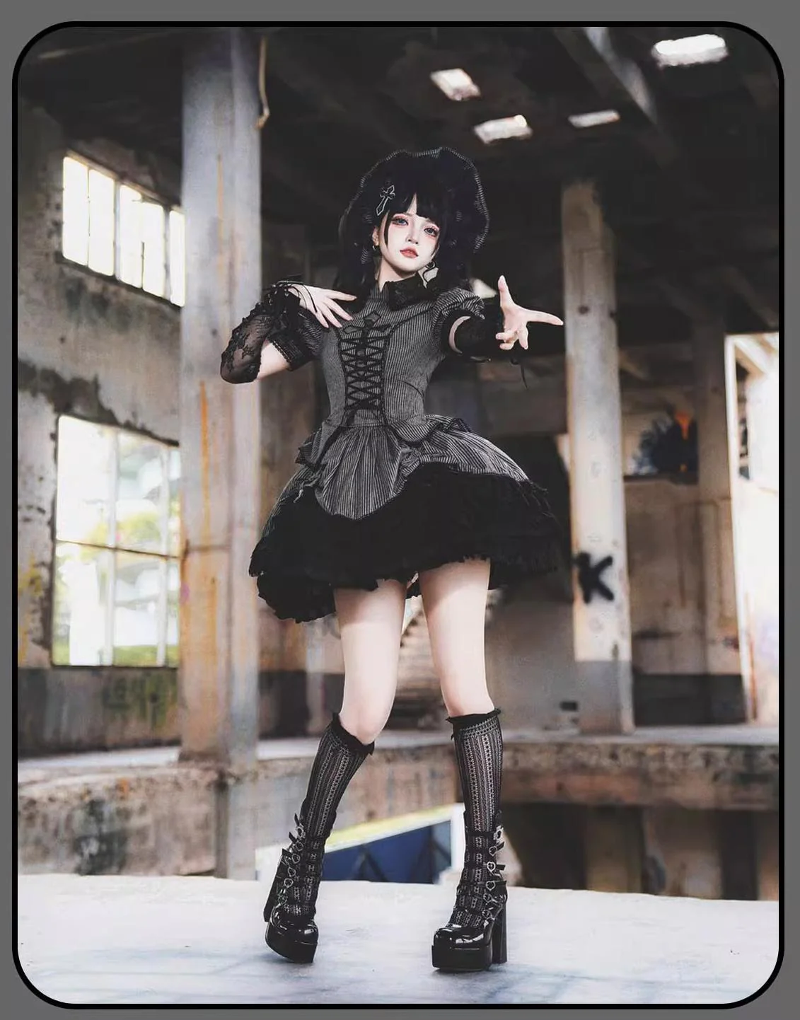 Striped Cross - Gothic Coordinated Lolita Set, Adjustable Blouse & Skirt - Image 5