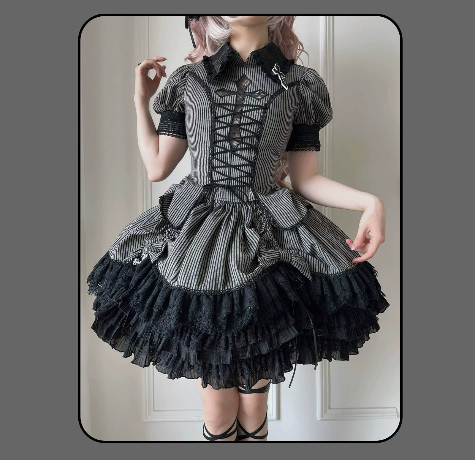 Striped Cross - Gothic Coordinated Lolita Set, Adjustable Blouse & Skirt - Image 51
