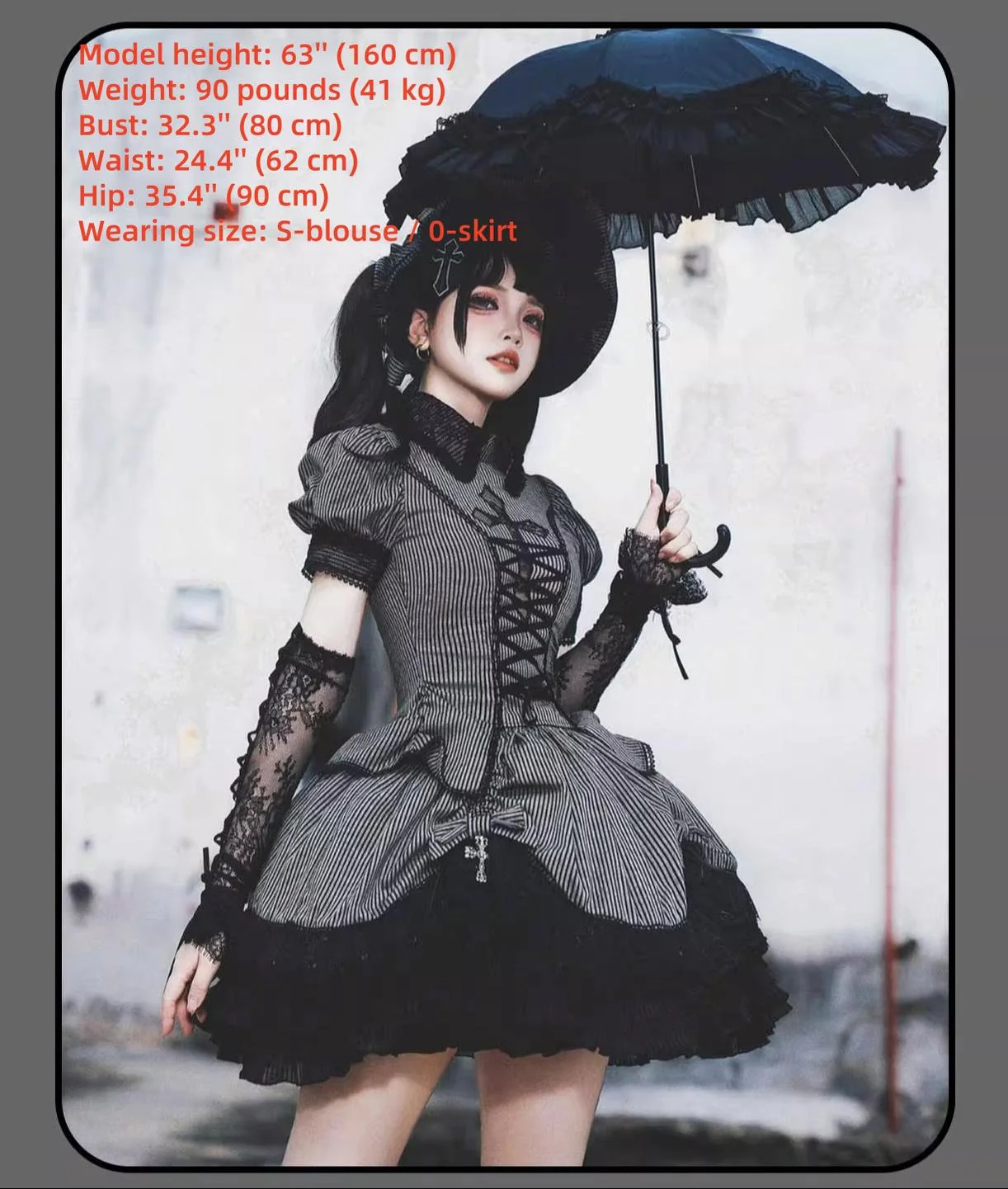 Striped Cross - Gothic Coordinated Lolita Set, Adjustable Blouse & Skirt - Image 7