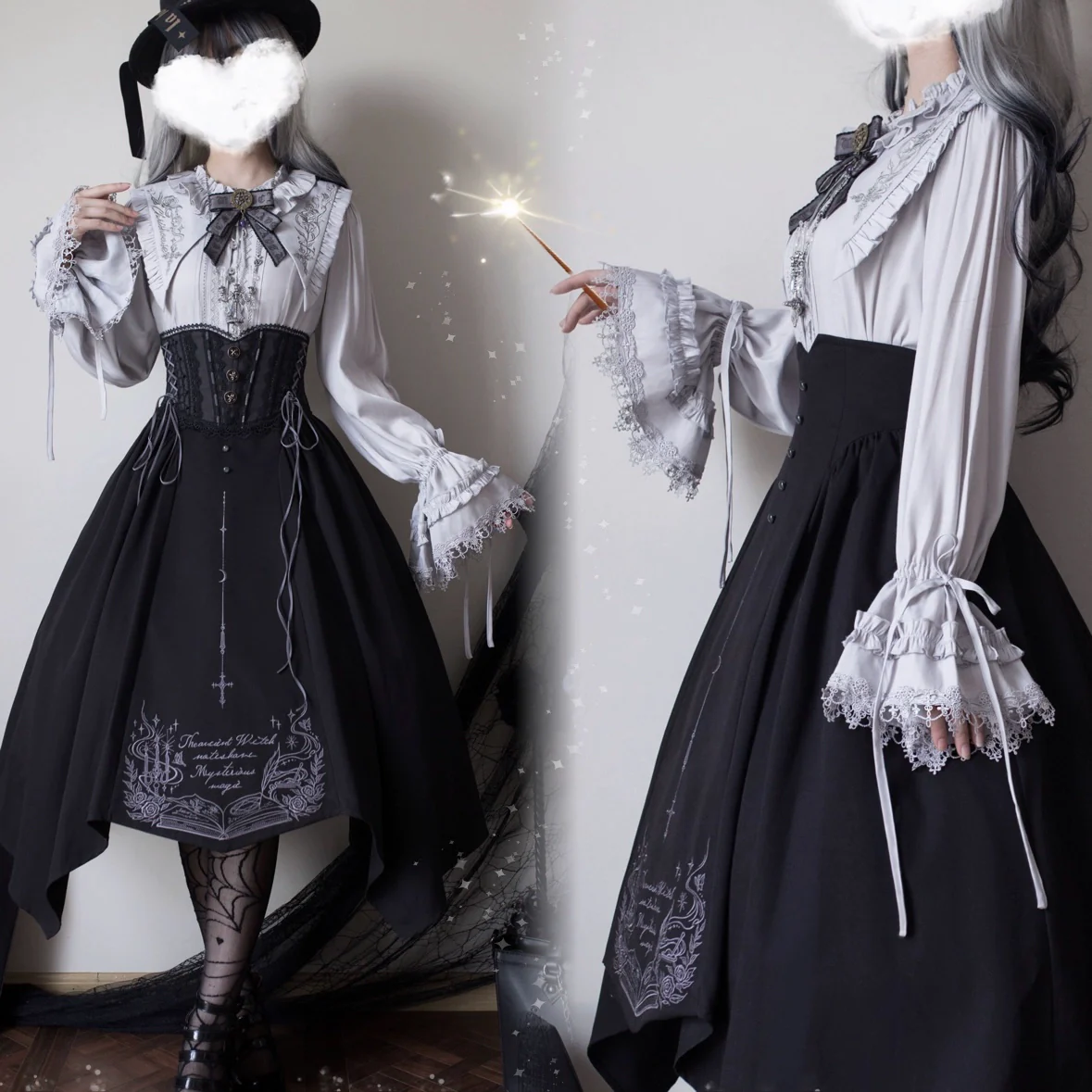 Chris House Lolita - Witch Notes - Gothic Lolita Embroidered Dress Suit, Cross and Rose Print - Image 12