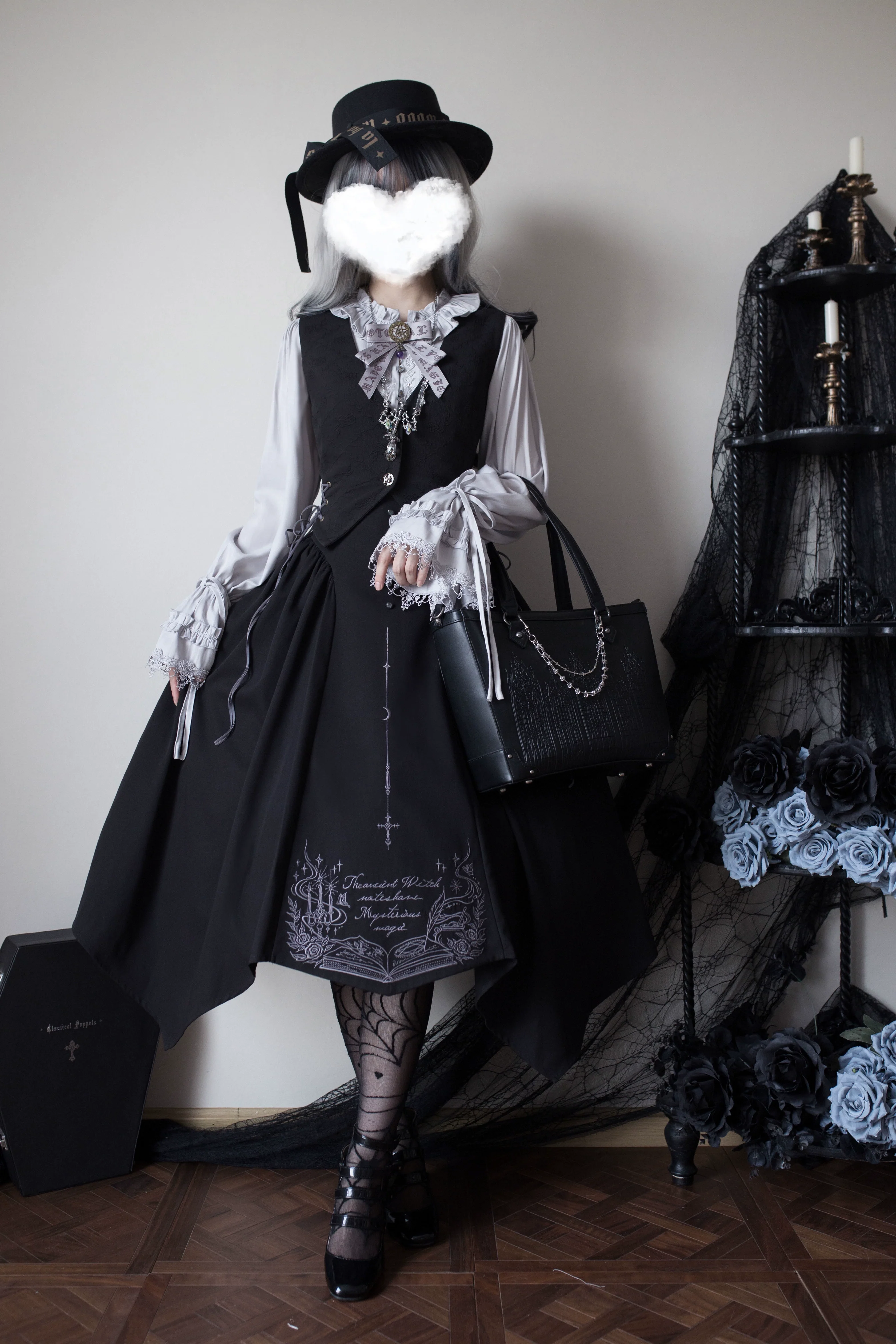 Chris House Lolita - Witch Notes - Gothic Lolita Embroidered Dress Suit, Cross and Rose Print - Image 15
