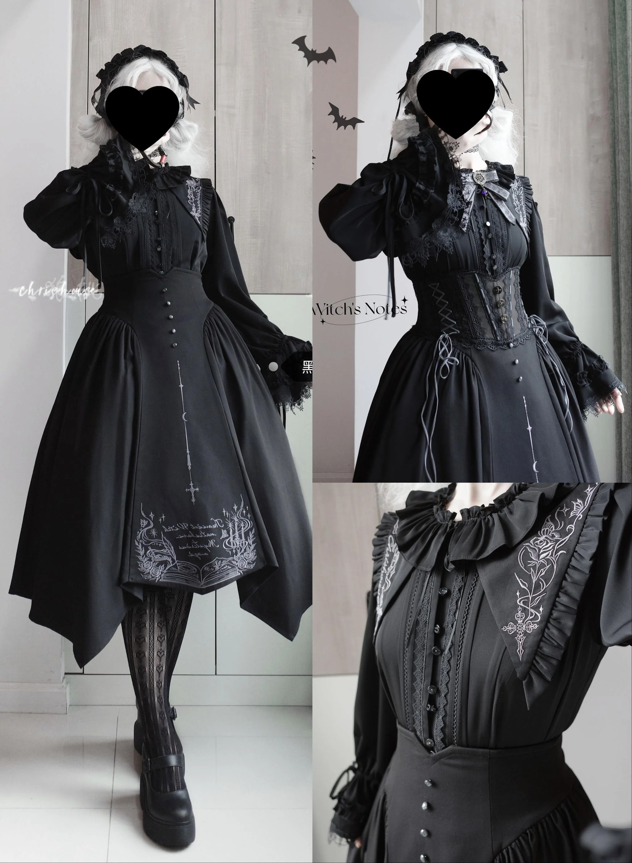 Chris House Lolita - Witch Notes - Gothic Lolita Embroidered Dress Suit, Cross and Rose Print - Image 19