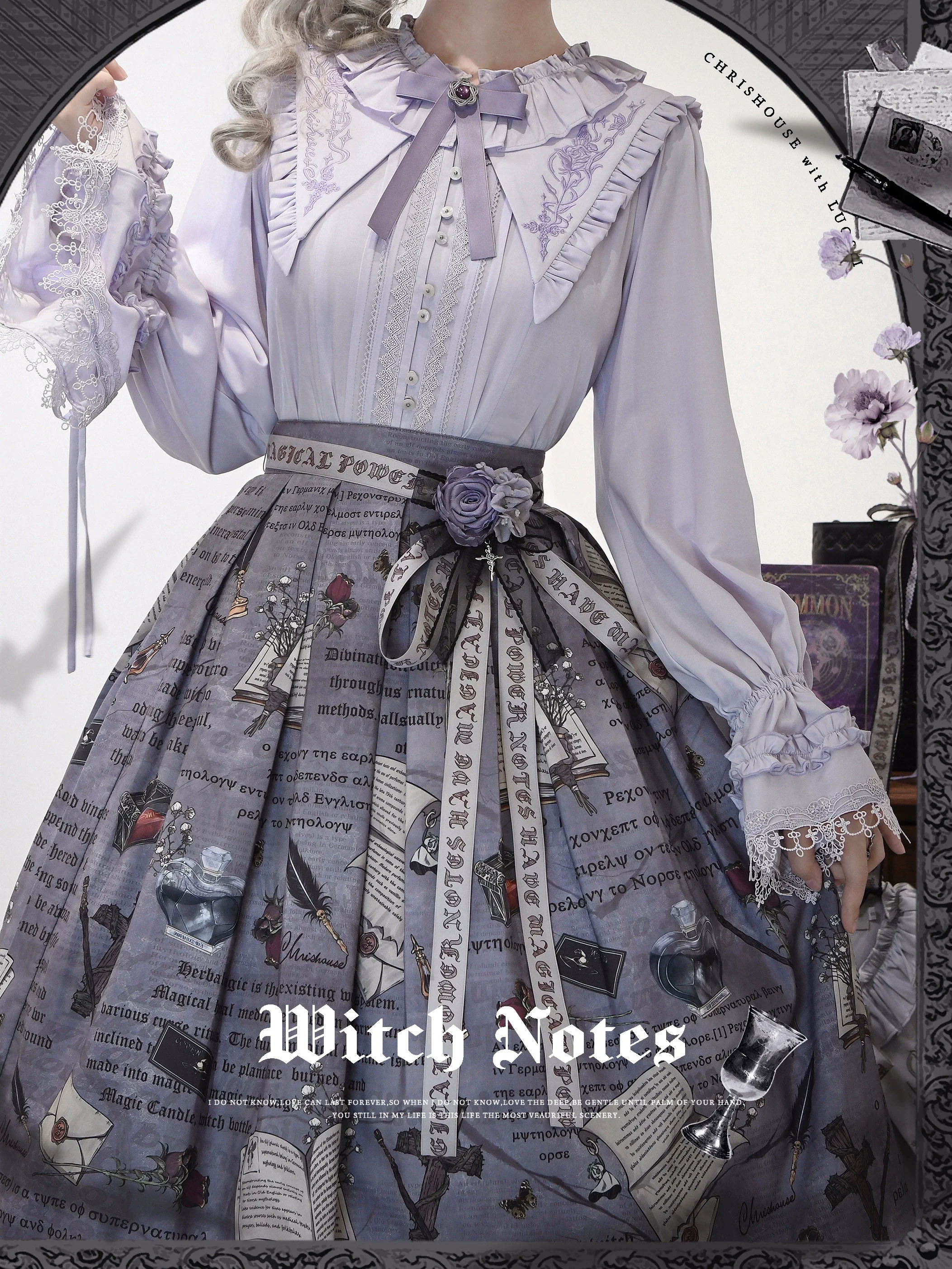 Chris House Lolita - Witch Notes - Gothic Lolita Embroidered Dress Suit, Cross and Rose Print - Image 27