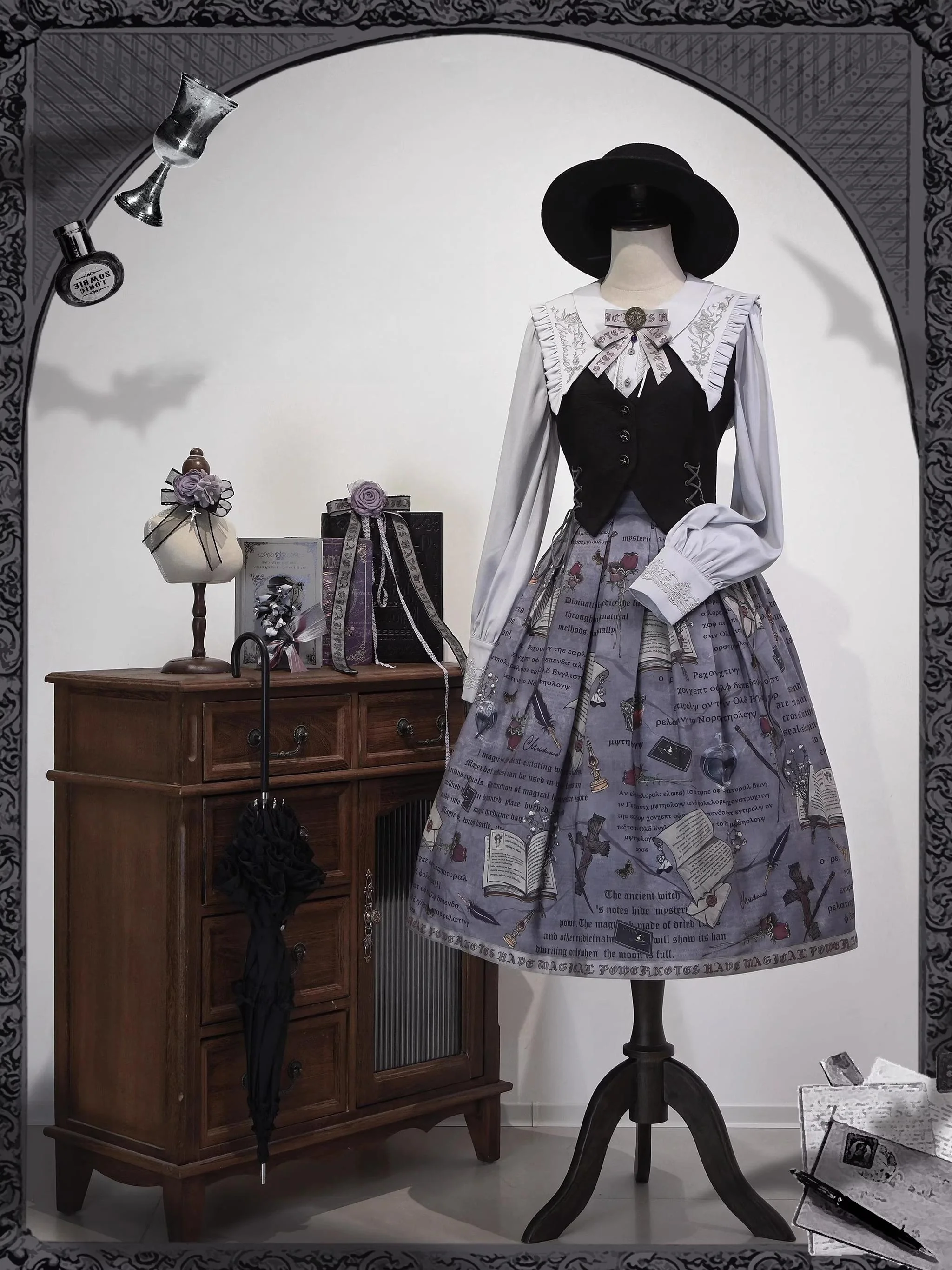 Chris House Lolita - Witch Notes - Gothic Lolita Embroidered Dress Suit, Cross and Rose Print - Image 3