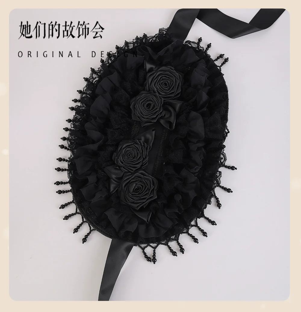 The Accessories' Story - Gothic Lolita Black Hat, Rose & Bead Tassels - Image 6