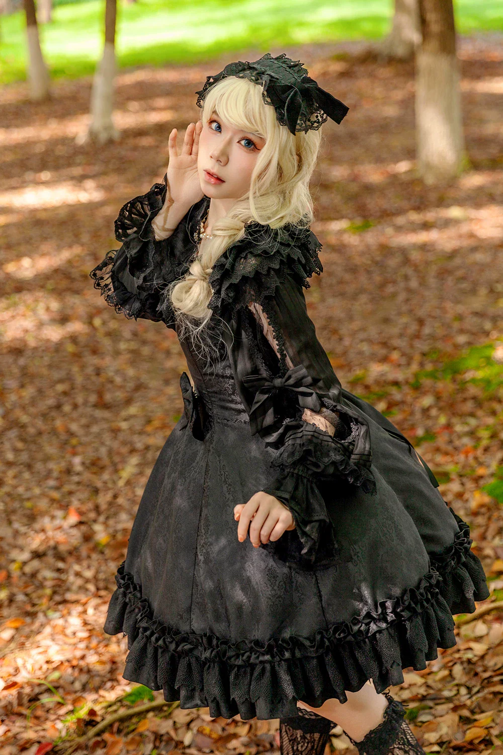 Canon Of Floral Melody - Gothic Lolita Black JSK Dress, Jacquard Pattern - Image 15