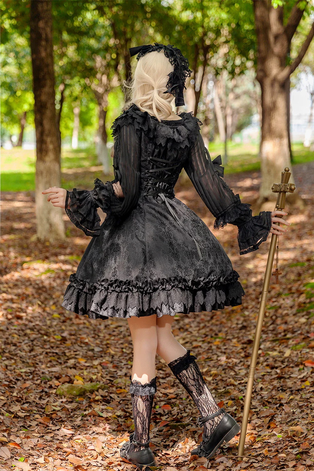 Canon Of Floral Melody - Gothic Lolita Black JSK Dress, Jacquard Pattern - Image 3